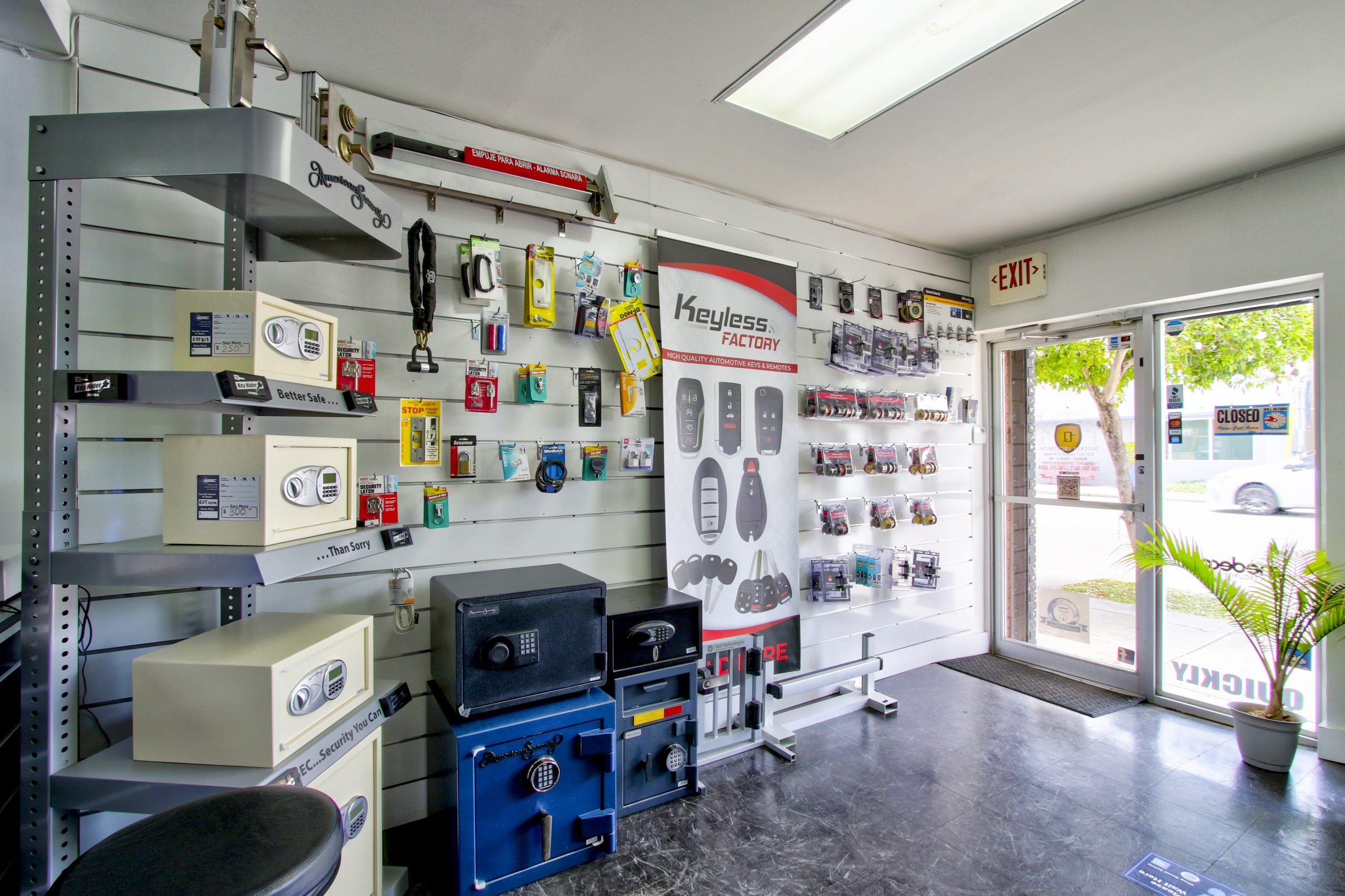 Main Locksmith store in Midtown Miami show room showing locks and safes for top brands