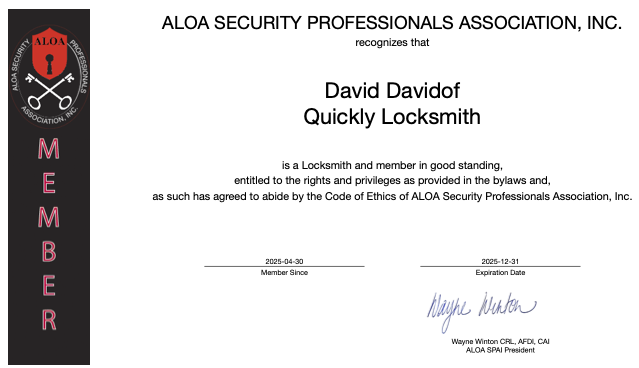 ALOA Member Certificate for David Davidof – Quickly Locksmith Miami