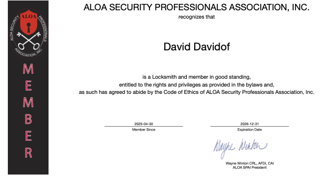 ALOA Member Certificate for David Davidof – Quickly Locksmith Miami